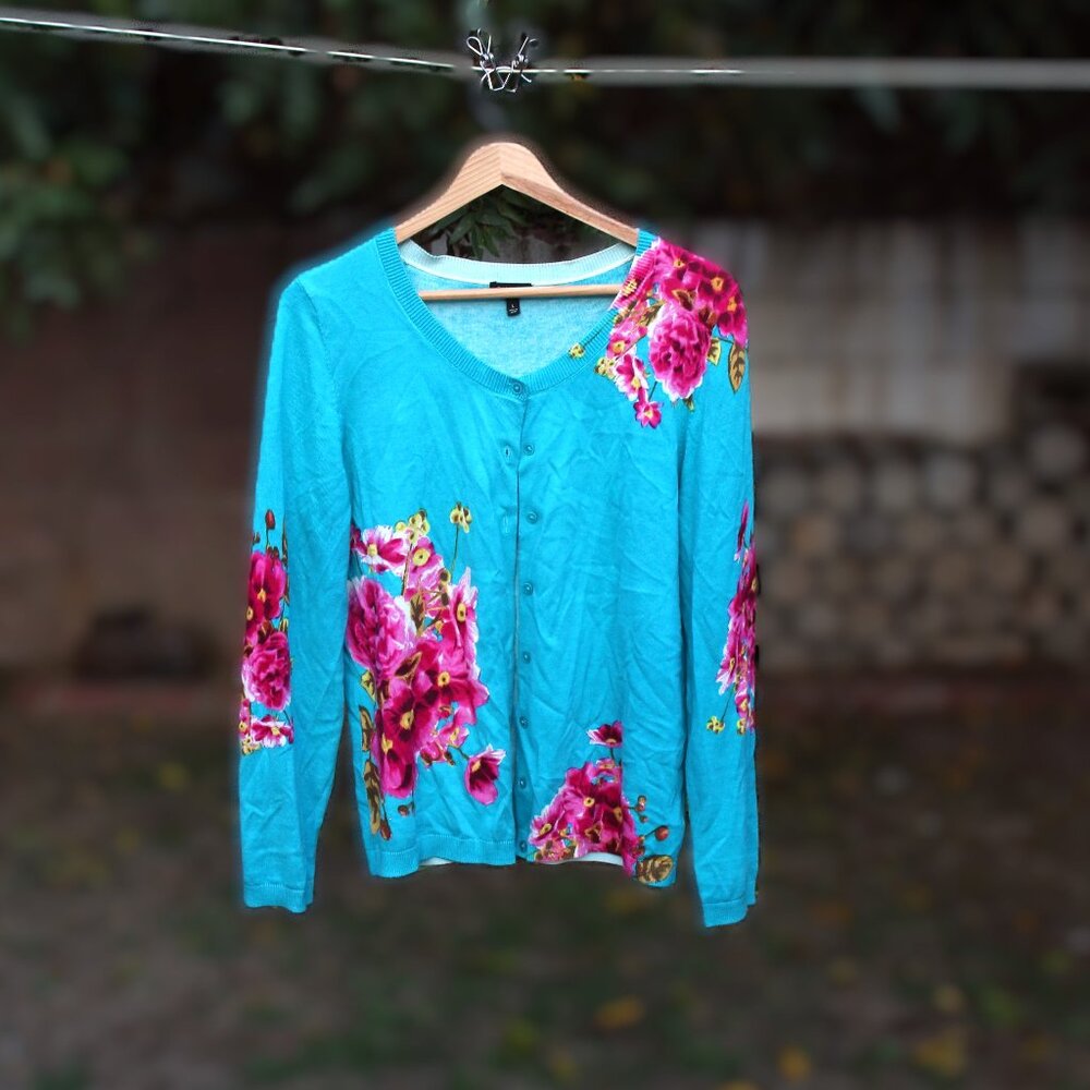 Talbots Aqua with Pink Floral Accents Charming Cardigan L